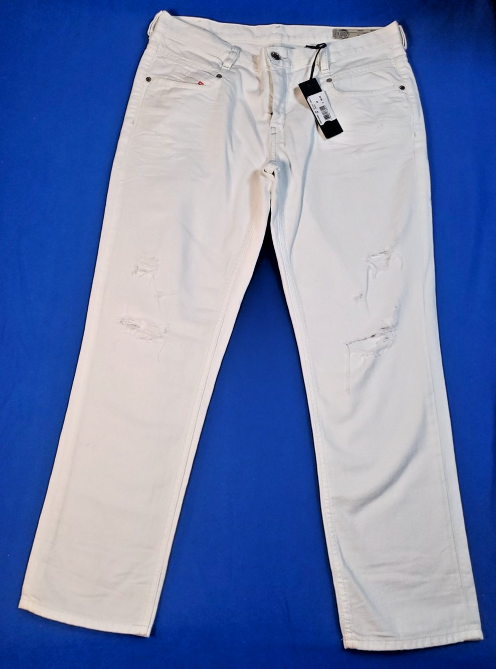 Diesel Off-White Straight Leg Jeans with Distressed Knees